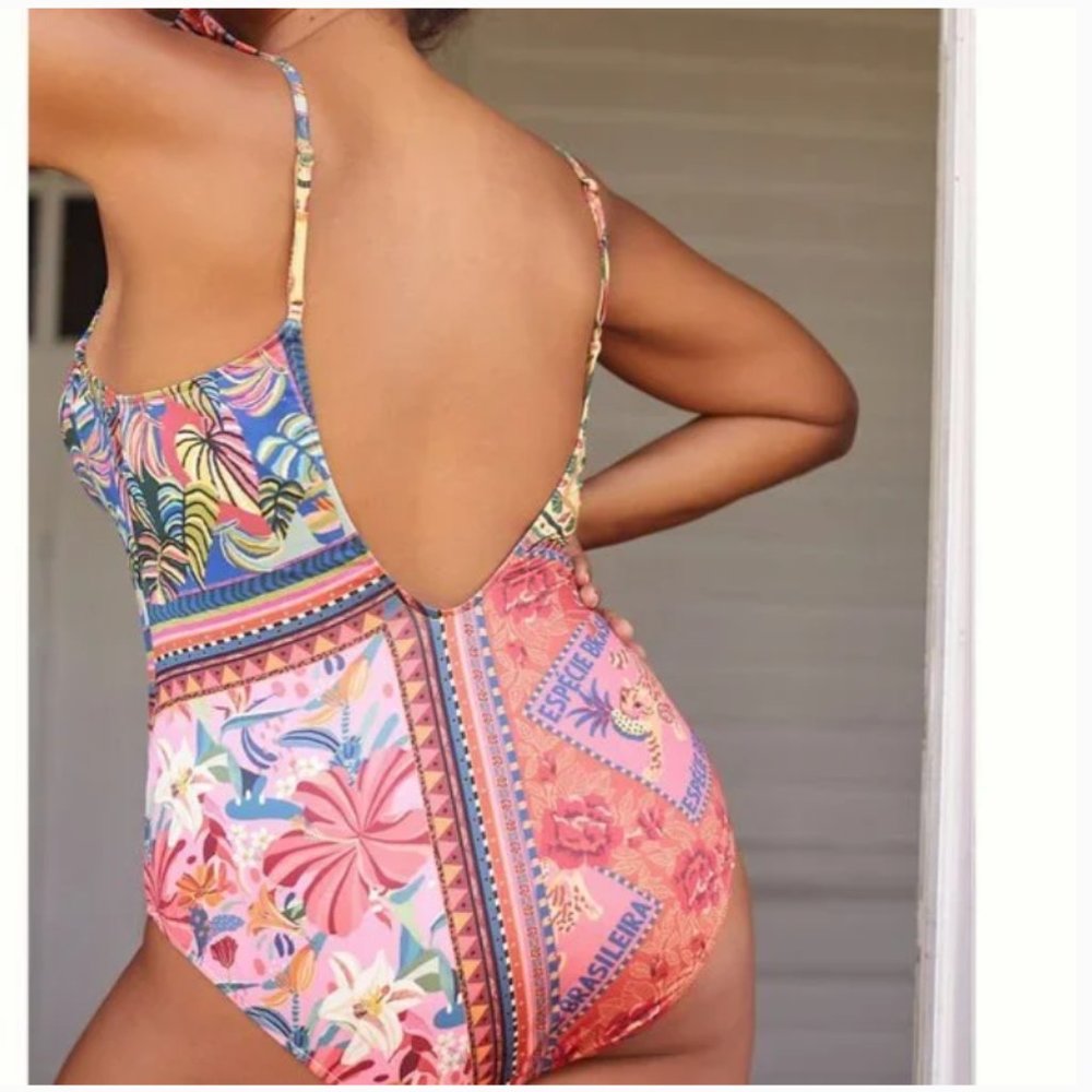 ⭐️ Farm Rio Lita One-Piece Boho Beach Farm Art Peasant Hipster Floral Swimsuit - Picture 7 of 12
